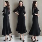 Long-sleeve Tie-neck Ruffle Hem Midi A-line Dress