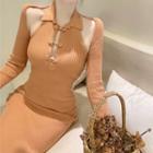 Set: Halter-neck Collared Frog-buttoned Knit Midi Sheath Dress + Shrug