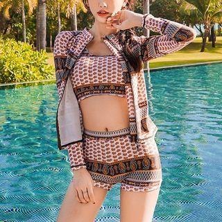 Set: Print Swim Top + Bottom + Skirt + Long-sleeve Top