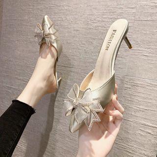 Rhinestone Bow Pointy-toe Stiletto Heel Mules
