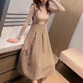 Set: Long-sleeve Knit Top + Houndstooth Midi A-line Suspender Skirt