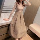 Set: Long-sleeve Knit Top + Houndstooth Midi A-line Suspender Skirt