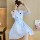Printed Pinstriped 3/4-sleeve A-line Dress