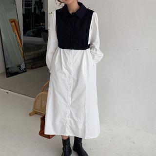 Mock Two-piece Panel Polo-neck Shirtdress White - One Size