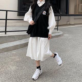Embroidered Knit Vest / Long-sleeve Shirt / Midi A-line Skirt