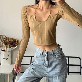 Plain Long-sleeve Tie-front Top