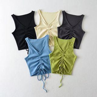 Sleeveless V-neck Drawstring Plain Crop Tank Top