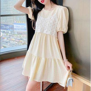 Set: Puff-sleeve A-line Dress + Crop Camisole Top