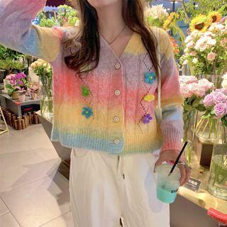 Flower Accent Gradient Cardigan Light Purple & Pink & Yellow & Blue - One Size