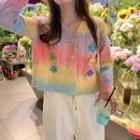 Flower Accent Gradient Cardigan Light Purple & Pink & Yellow & Blue - One Size