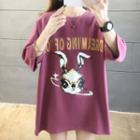Elbow-sleeve Rabbit Print Tunic T-shirt
