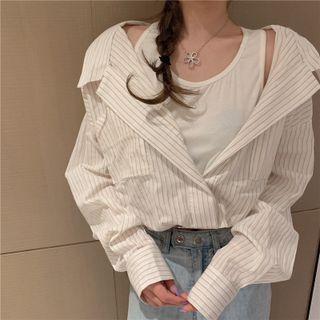 Mock Two-piece Cold-shoulder Striped Shirt Stripes - Khaki - One Size