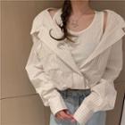 Mock Two-piece Cold-shoulder Striped Shirt Stripes - Khaki - One Size