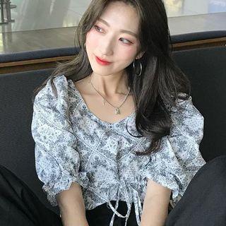 Elbow-sleeve Patterned Frill Trim Cropped Top As Shown In Figure - One Size