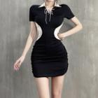 Short-sleeve Collar Lace-up Mini Sheath Dress