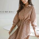 Drawcord-waist Gingham Long Shirtdress