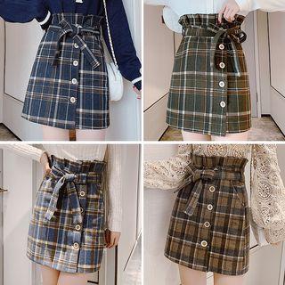 Plaid Buttoned Mini Fitted Skirt