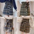 Plaid Buttoned Mini Fitted Skirt