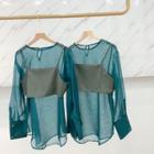 Sheer Chiffon Long-sleeve Mesh Top + Suspender Green - One Size