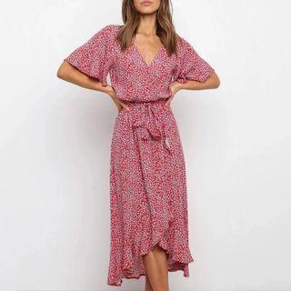 Short-sleeve Flower Print Midi Shift Dress