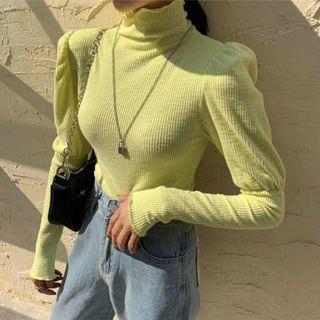 Mock-neck Plain Ruffle Long-sleeve Top