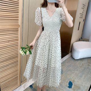Puff Sleeve V-neck Dotted Mesh Panel Pleated A-line Dress