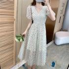 Puff Sleeve V-neck Dotted Mesh Panel Pleated A-line Dress