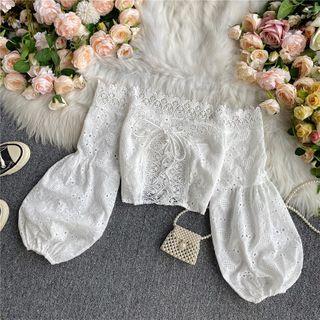 Bow-detail Eyelet Lace Cropped Blouse White - One Size