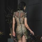 Choker-neck Short-sleeve Glitter Mini Bodycon Dress