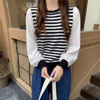 Puff-sleeve Stripe Panel Knit Top