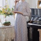 Long-sleeve Floral Print Midi Qipao Dress