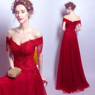 Fringed Off-shoulder Sheath Evening Gown