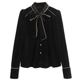 Contrast Trim Bow-neck Velvet Blouse