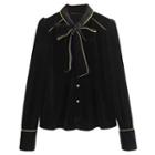 Contrast Trim Bow-neck Velvet Blouse