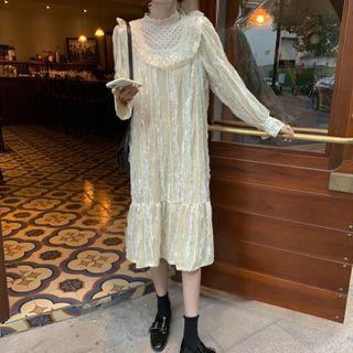 Lace Panel Long-sleeve Midi Shift Dress Almond - One Size