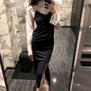 Lace See-through Long-sleeve Top / Plain Sleeveless Dress