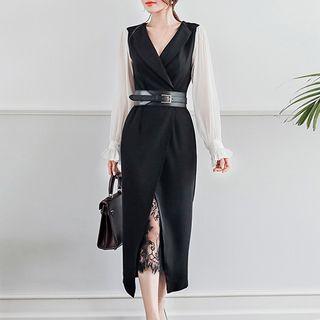 Set: Long-sleeve Lapel Midi Dress + Midi Lace Skirt + Belt