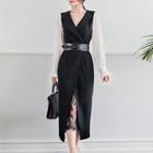 Set: Long-sleeve Lapel Midi Dress + Midi Lace Skirt + Belt