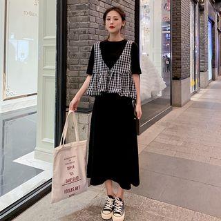 Set: Sleeveless Plaid Top + Elbow-sleeve A-line Midi Dress