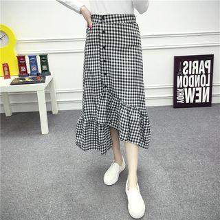 Plaid A-line Asymmetrical Midi Skirt