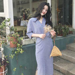 Pinstriped Elbow Sleeve Midi Dress