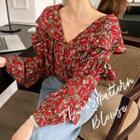 V-neck Ruffled Floral Blouse Red - One Size