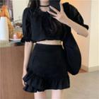 Puff-sleeve Frill Trim Buttoned Crop Top / A-line Mini Skirt