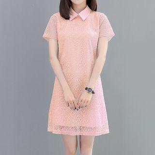 Short-sleeve Collared A-line Lace Dress