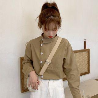 Asymmetric Long-sleeve Polo Shirt Khaki - One Size
