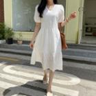 Puff-sleeve Eyelet-lace Tiered Dress Ivory - One Size