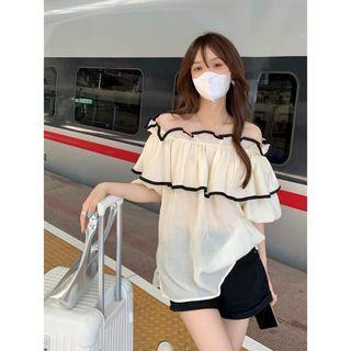 Off-shoulder Contrast Trim Top Off-white - One Size