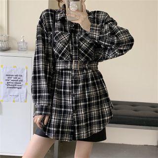 Long-sleeve Belted Plaid Shirt