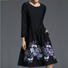 3/4-sleeve Floral Embroidery A-line Dress