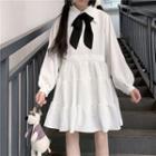 Long-sleeve Bow-accent Tiered Mini A-line Shirtdress